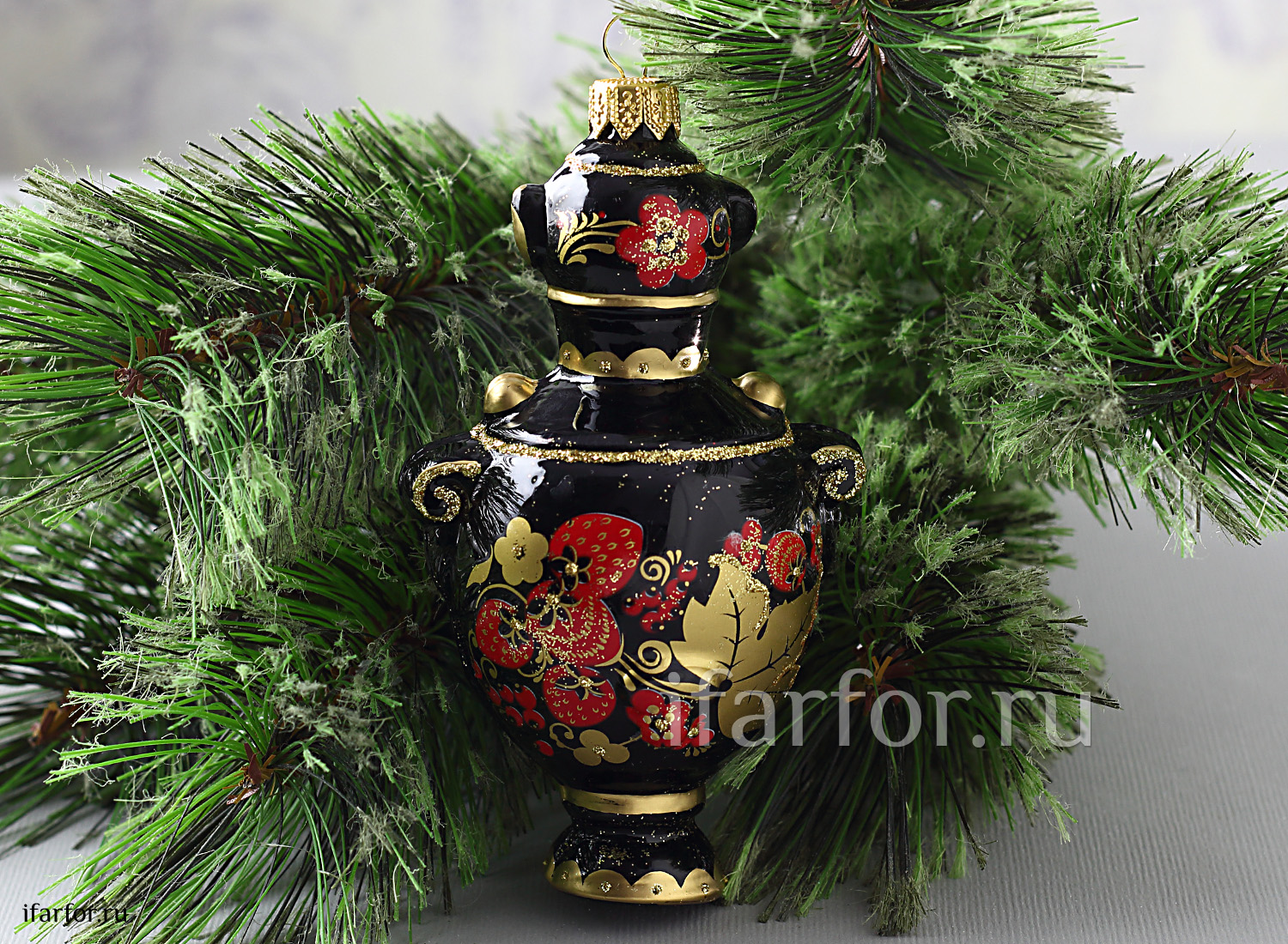 Елочная игрушка Ариэль Самовар Хохломские узоры black