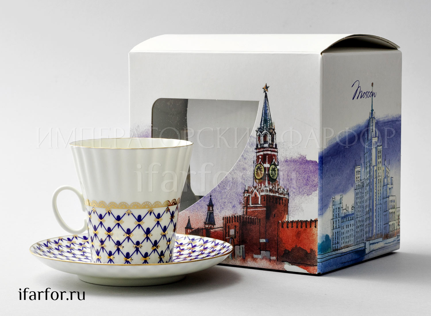 Чашка с блюдцем в подарочной коробке Москва «Кобальтовая сетка» 1/2