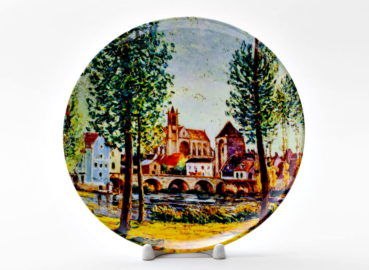 Декоративная тарелка «Moret sur Loing Bridge church and mill Sun»