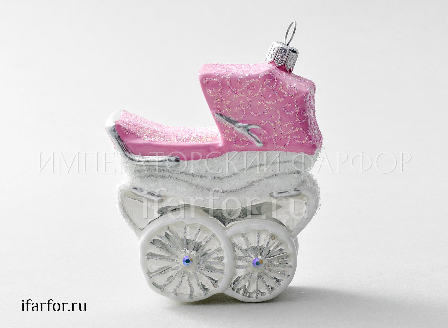 Елочная игрушка «Детская коляска розовая высокая»