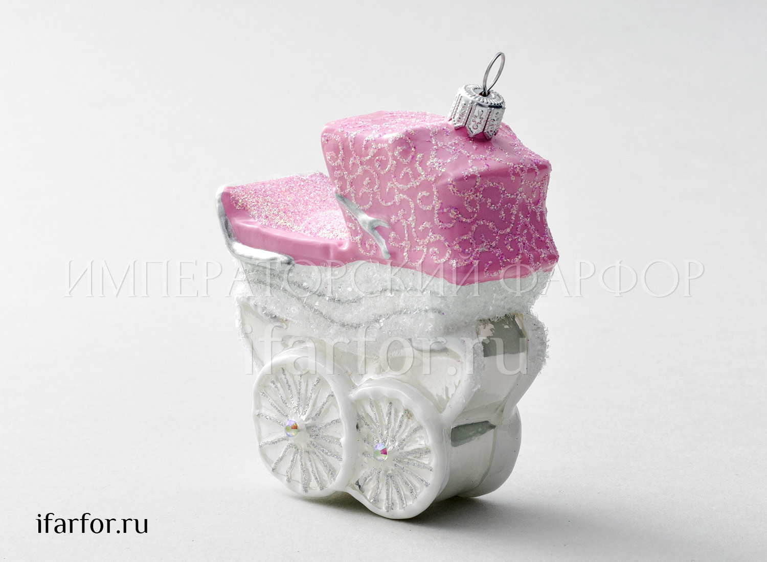 Елочная игрушка «Детская коляска розовая высокая»