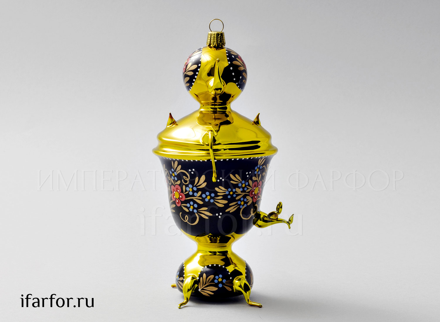 Елочная игрушка «Самовар золотой с цветами»