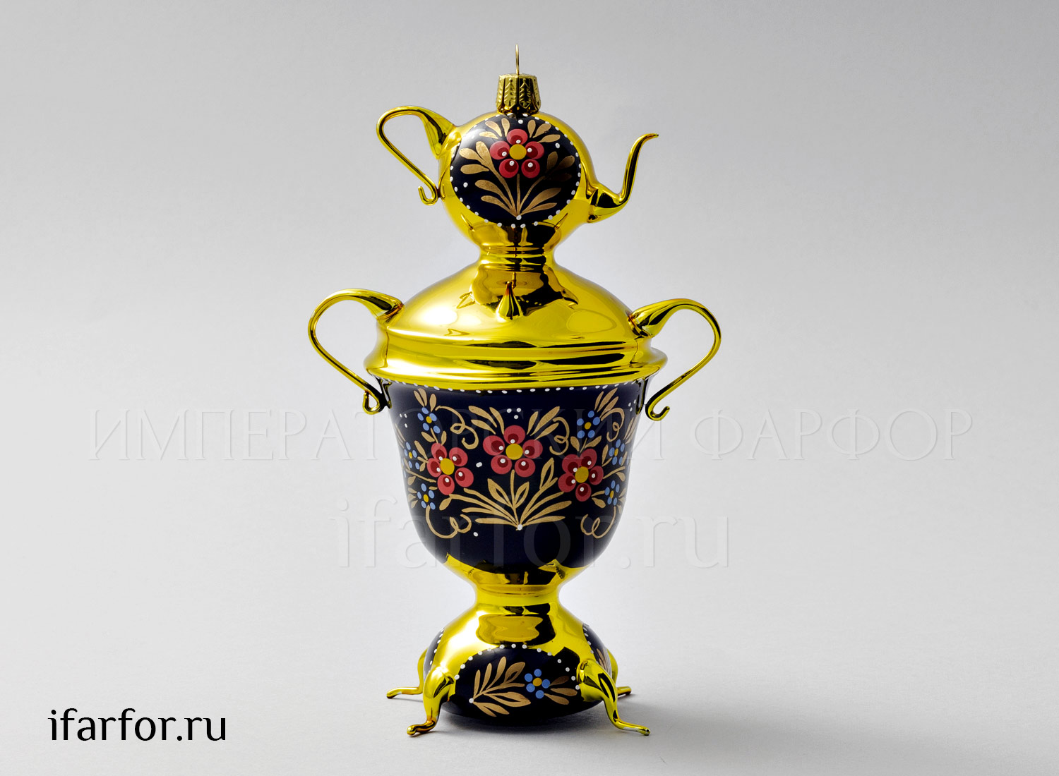 Елочная игрушка «Самовар золотой с цветами»