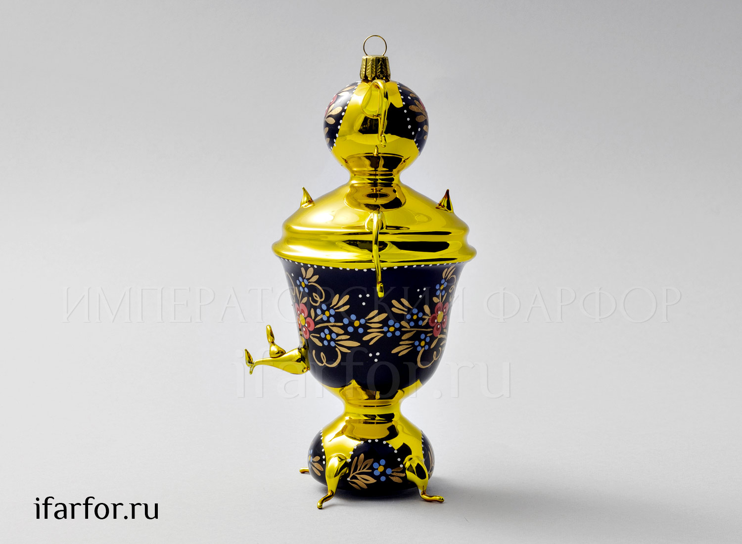 Елочная игрушка «Самовар золотой с цветами»