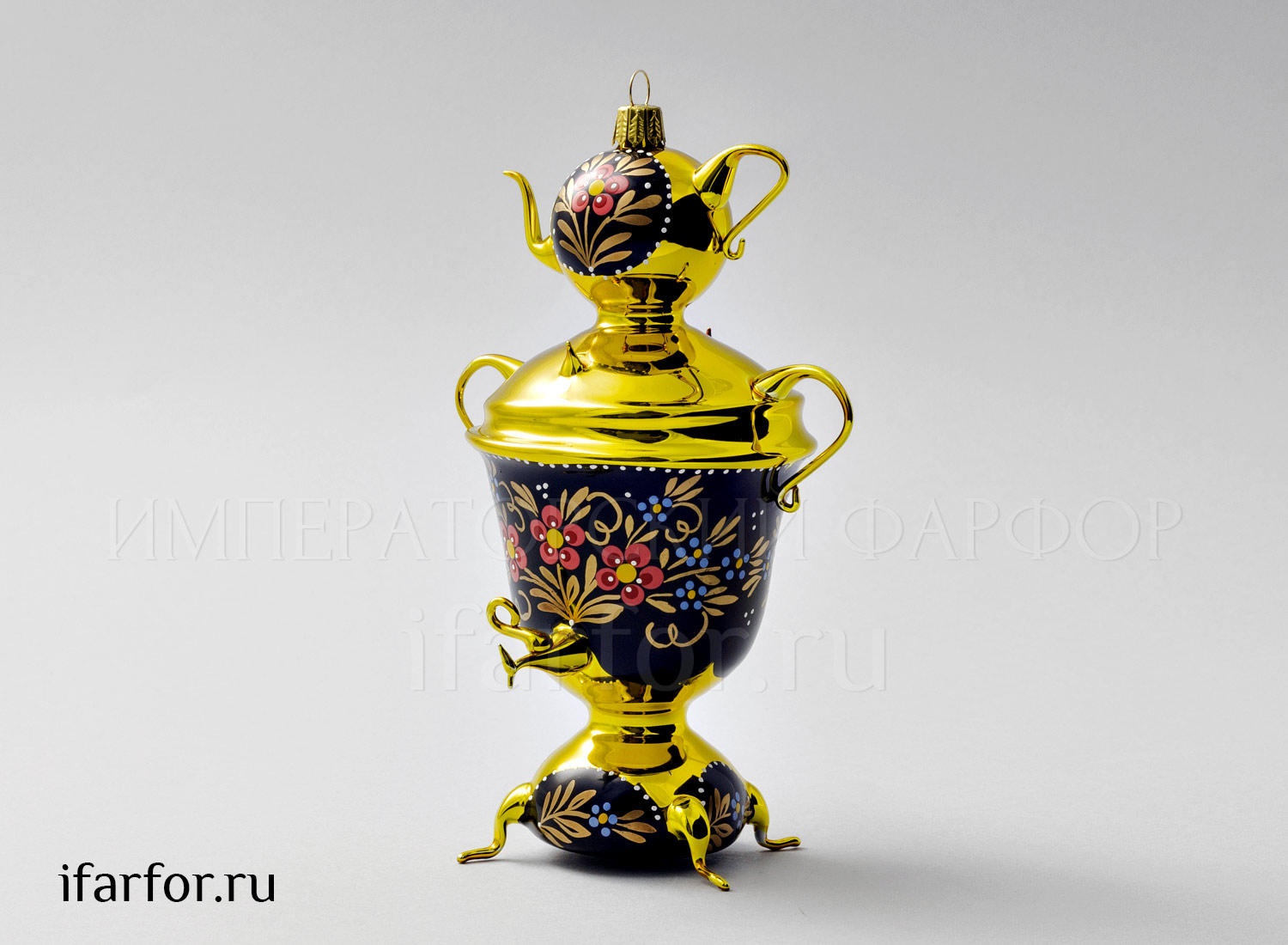 Елочная игрушка «Самовар золотой с цветами»