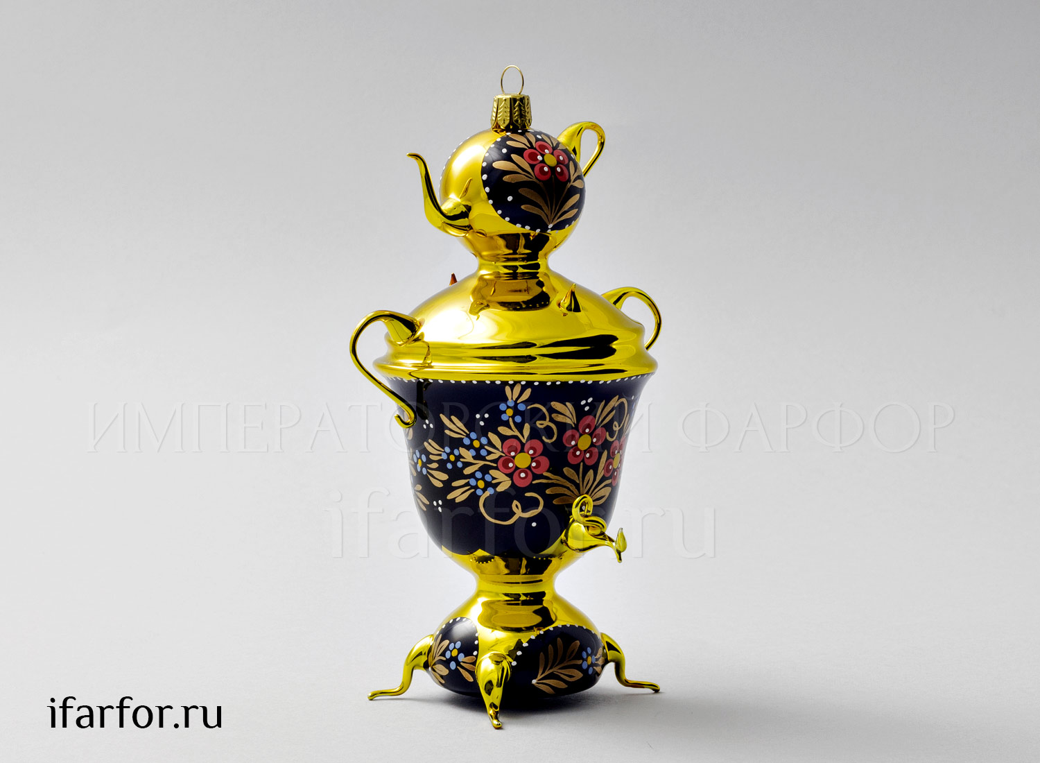 Елочная игрушка «Самовар золотой с цветами»