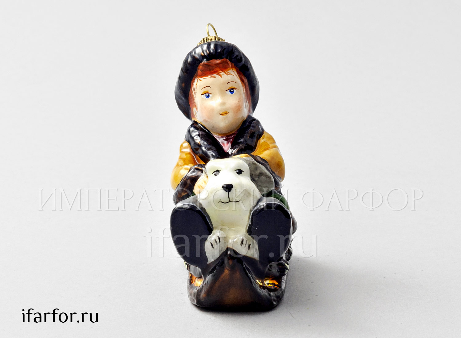 Елочная игрушка «Мальчик с собакой на санках»