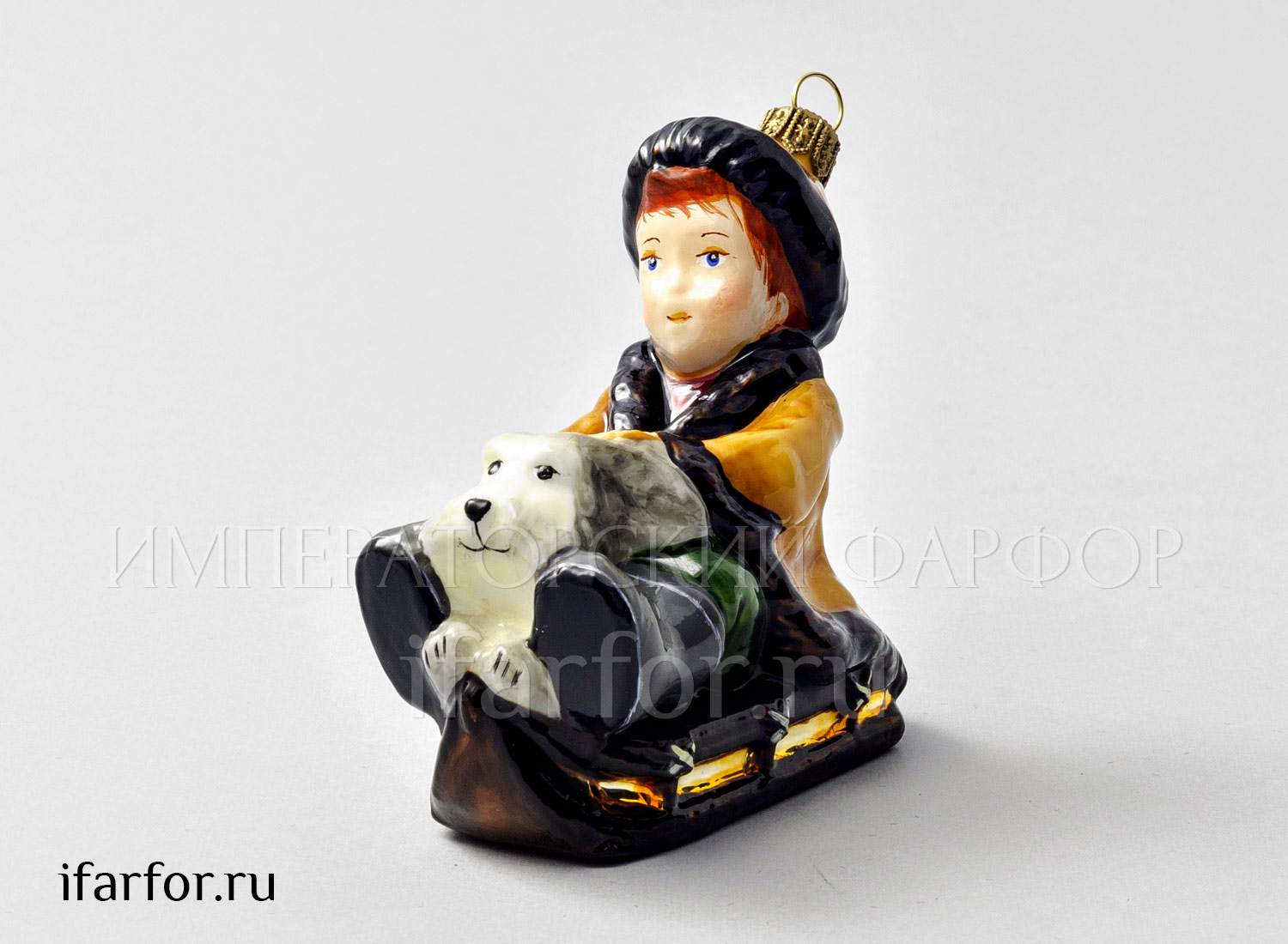 Елочная игрушка «Мальчик с собакой на санках»