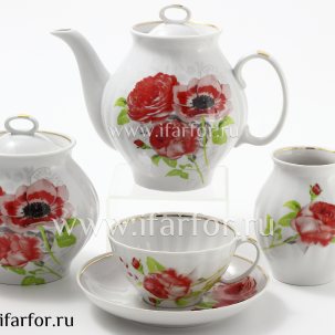Сервиз чайный Красные цветы 6/15 Белый лебедь