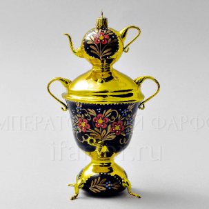 Елочная игрушка Самовар золотой с цветами
