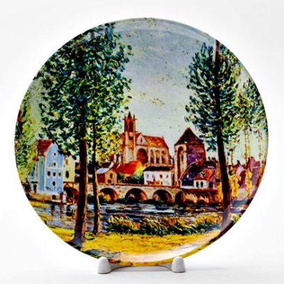 Декоративная тарелка «Moret sur Loing Bridge church and mill Sun»